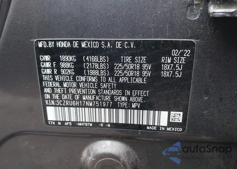 2022 Honda Hr-V Awd Sport из США, поврежденный, VIN 3CZRU6H17NM751977